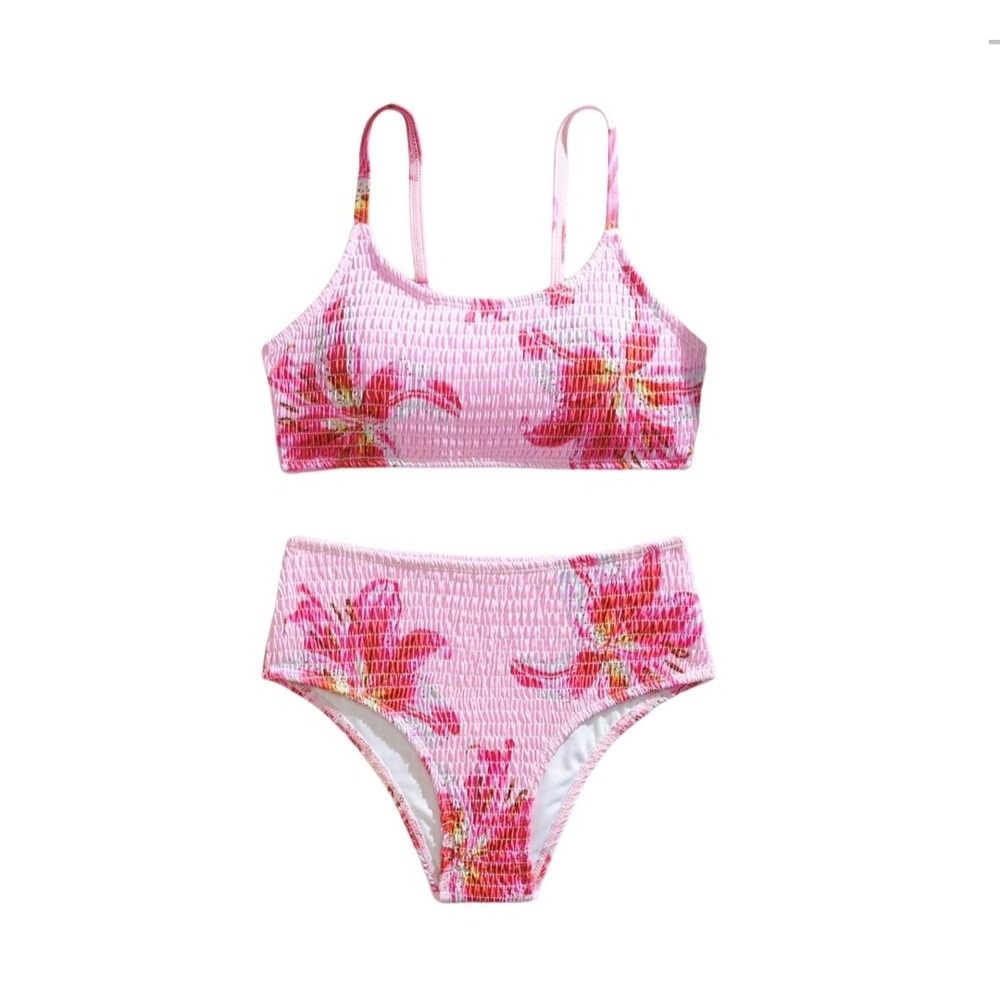 RoseSeek Girls Pink Floral Smocked Bikini Set High Waisted 2 Piece Swimsuit 14Y